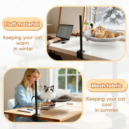 16-Inch Cat Desk Bed - 360° Rotating & Adjustable, Soft Faux Fur, Supports Up to 44lbs, Removable & Washable, Modern Indoor Cat Furniture for Office Desks, Gaming Tables & Island Tables (Round)