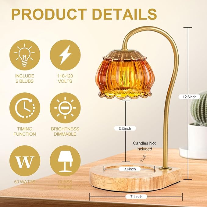 Candle Warmer Lamp with Timer, Dimmable Electric Candle Warmer Melter, Fragrance Candle Holders for Home Decoration Gift for Women, Dark-Orange
