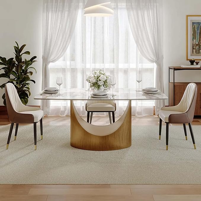 POVISON 63" Hobart Dining Table for 4, Rectangular Dining Table, Glossy Pandora Sintered Stone Tabletop with Bronze Carbon Steel Base for Dining Room (Table Only)