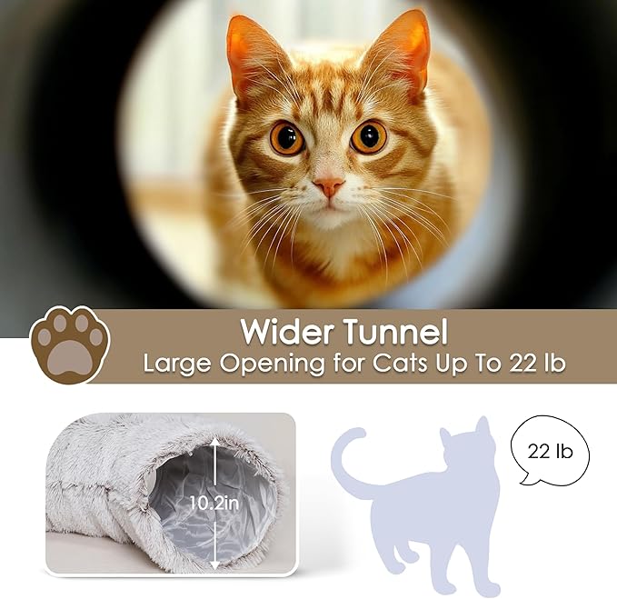 Cat Tunnel Bed for Indoor Cats, Peekaboo Cat Cave with Washable Soft Play Mat, Furry Cat Tube, for Kitten/Puppy/Rabbit, Brown