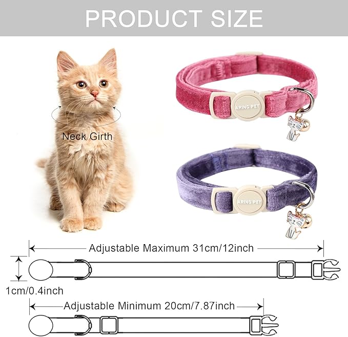ARING PET 2 Pack Cat Collars-Cute Breakaway Cat Collar with Bell & Pendant, Adjustable Velvet Purple&Rose Red Kitten Collars with Safety Buckle for Girl and Boy Cats