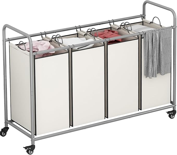 Laundry Sorter 4 Section Hamper Sorter with Heavy Duty Lockable Rolling Wheels Removable Bags Basket Separator for Dirty Clothes Storage, Beige