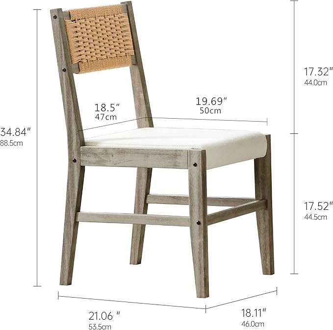 Chogori Wooden Dining Chairs, Modern Farmhouse Kitchen & Dining Room Accent Side Chairs with Woven Rope Back and Fabric Upholstered for Home, Living Room (Gray, Set of 2)