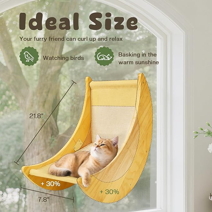 Wooden Cat Window Perch, Large Cat Window Bed with 4 Upgraded Suction Cups, Solid Wood Cats Window Hammock with Moon-Shaped Design, Pet Windows Seat for Indoor Cats