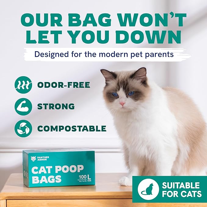 Panther Armor Litter Bags - 200x Unscented Compostable Cat Poop Bags 16x12in- Kitty Leak Proof Box Trash, Odor Proof Litter Disposal Bags