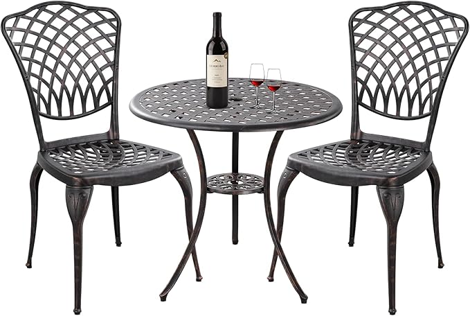 Bronze Patio Bistro Set - 3 Piece Outdoor Cast Aluminum Furniture, Large Table & Chairs, Weather Resistant, Adjustable Foot Pads, Umbrella Hole