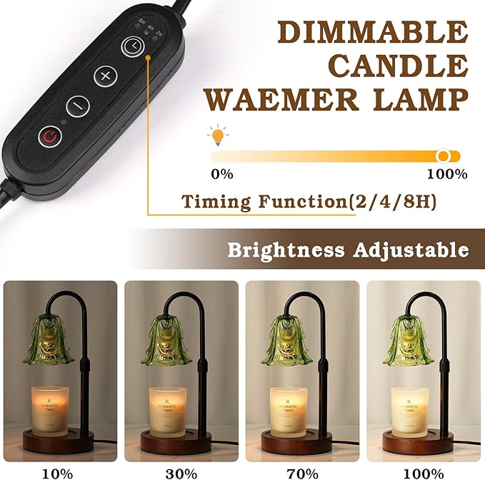 Small Candle Warmer Lamp with Timer, Adjustable Green Lamp Warmer for Jar Candles, Unique Women Gifts for Birthday, Dimmable Candle Heater, Christmas Gifts, Cute Wax Warming Light with Wood Base
