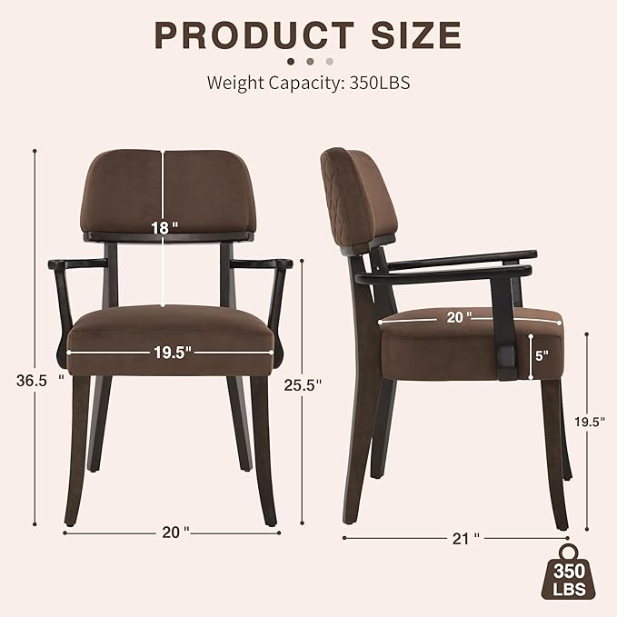 Modern Wood Dining Chairs with Arms, Velvet Upholstered Kitchen Chairs with Open Curved Backrest & Black Hardwood Legs, Accent Chairs 350 LBS Capacity, Brown