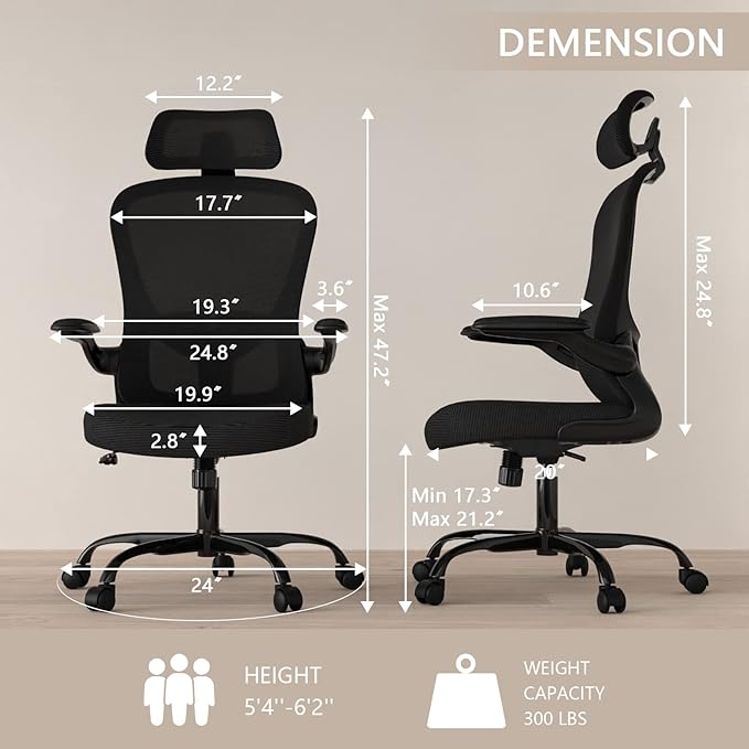 Office Chair, High Back Ergonomic Desk Chair, Breathable Mesh Desk Chair with Adjustable Lumbar Support and Headrest, Swivel Task Chair with flip-up Armrests, Executive Chair for Home Office