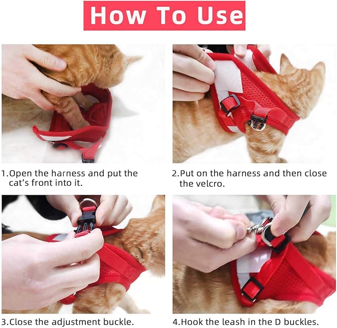 Cat Vest Harness and Small Dog Vest Harness for Walking, All Weather Mesh Harness, Cat Vest Harness with Reflective Strap, Step in Adjustable Harness for Small Cats (Red, Medium (Pack of 1))