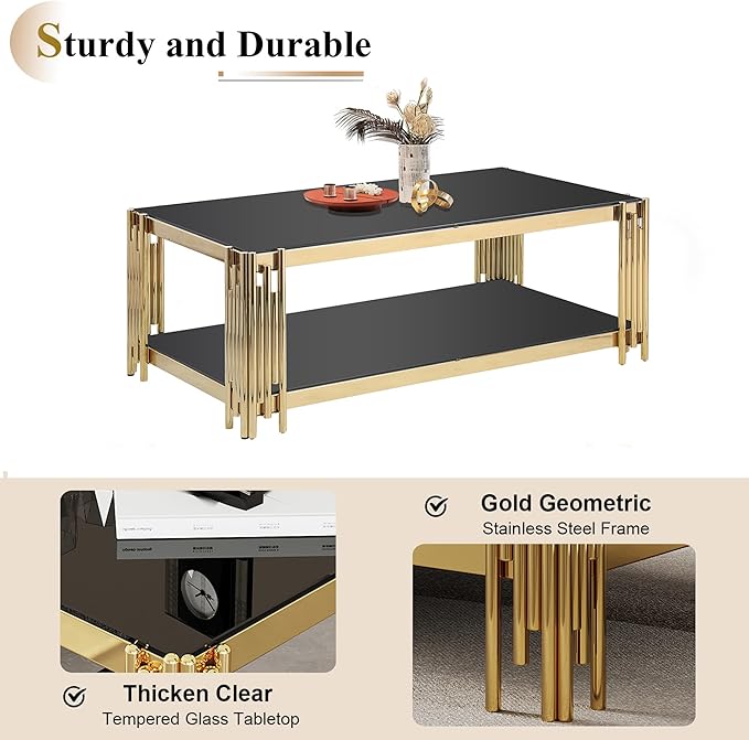 Glass Gold Coffee Table Set of 2,Modern Rectangle Coffee Table and Console Table w/Storage,Glass Coffee Table Set with Steel Frame,2 Pieces Living Room Table Set for Apartment Home Office