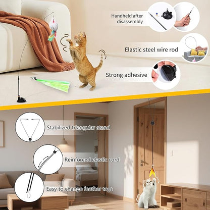 4-in-1 Interactive Cat Feather Toys with Durable Retractable Fishing Pole, Enhanced Suction Cup Toy, Door Hanging Teaser Toy and 11 Attachments Replacements for Bored Indoor Adult Cats