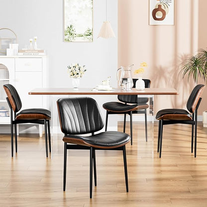 Dining Chairs Set of 2, Dining Room and Kitchen Chairs, FSC Certified Mid Century Modern Accent Chair, Upholstered PU Leather Chairs for Vanity with Walnut Bentwood and Metal Legs, Black