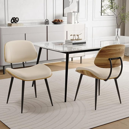 Mid Century Modern Dining Chairs Set of 2, PU Leather Armless Kitchen Chairs with Walnut Bentwood Back & Metal Legs, Sturdy Retro Accent Chairs for Dining Room, Living Room, Beige
