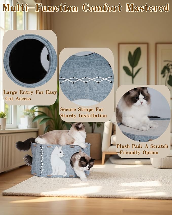 2-in-1 Large Cat House for Indoor Cats, Felt Cat Cave with Cushion, Dual Entrances & Sisal Ball Toy, Enclosed Bed for Large Cats or Multi-Cat Use, Supports 88 lbs