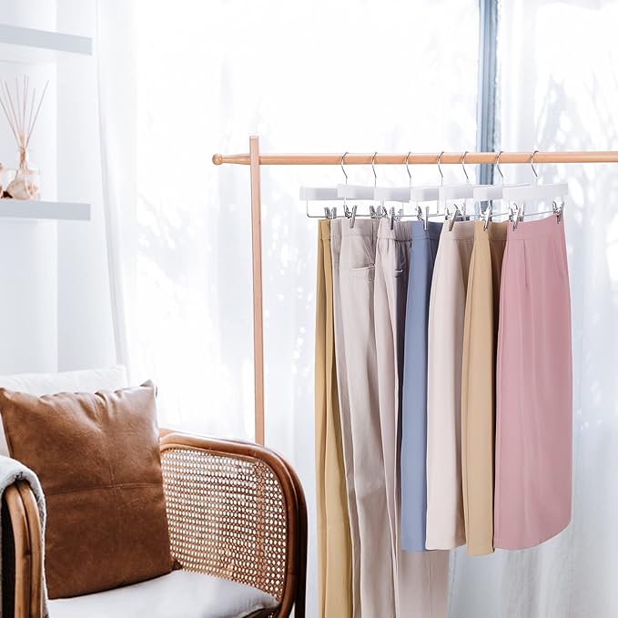 Nature Smile Wooden Pants Hangers Wood Bottom Jeans Skirt Hanger with Clips Anti Rust Hook Pack of 10 (White)