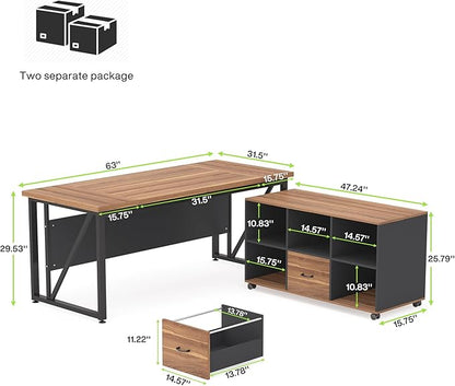 Tribesigns 63 inches Executive Desk and 47" lateral File Cabinet, L-Shaped Computer Desk Home Office Business Furniture with Drawers and Storage Shelves, Office Table,Brown and Black