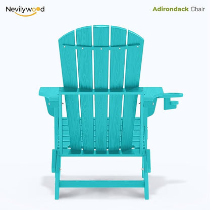 nevilywood Folding Adirondack Chair - Extended Ergonomic Backrest, Cup Holder - Easy Assembly - Durable HDPE Plastic, Weather Resistant & Maintenance-Free - Lawn, Patio, Deck Supports 380lbs Aruba