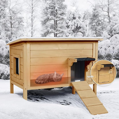 BRIOPAWS Feral-Outdoor-Cat-House-Insulated | Outside-Cat-Shelter for Winter | Weatherproof | Large Wooden Pet House for Multiple Cats | Foldable Ladder | Acrylic Side Window | Brown