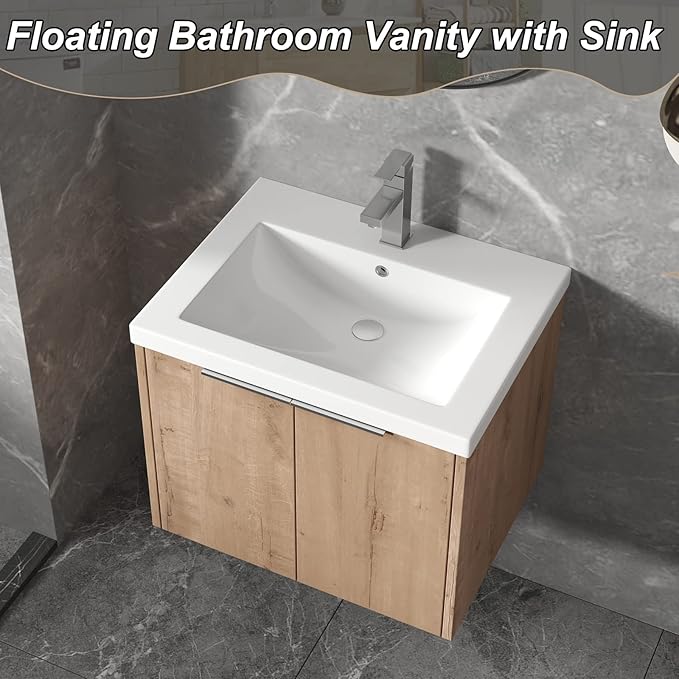 Goujxcy 24" Wall Mounted Bathroom Vanity with Sink, Modern Floating Bathroom Cabinet with White Resin Wash Basin & Storage Cabinet, Soft-Close Door Plywood Hanging Bath Room Cabinet (Imitative Oak)