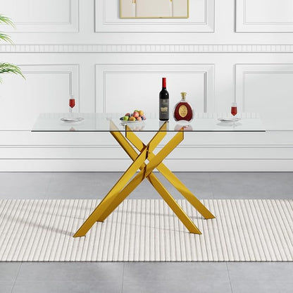 Goujxcy 5 Piece Glass Dining Table Set Modern Glass Dining Table Set for 4, 51" Rectangular Kitchen Table and 4 Velvet Upholstered Chairs for Kitchen Dining Room, Gold Table & Black Chair
