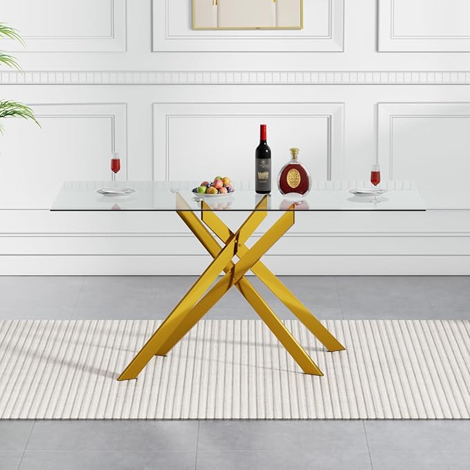 Goujxcy 5 Piece Glass Dining Table Set Modern Glass Dining Table Set for 4, 51" Rectangular Kitchen Table and 4 Velvet Upholstered Chairs for Kitchen Dining Room, Gold Table & Grey Chair