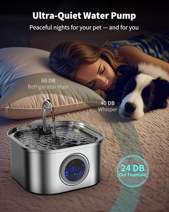 Cat Water Fountain Stainless Steel, 3.2L/108oz Cat Fountain with Large Water Level Window, Pet Water Dispenser with Quiet Pump Ideal for Cats, Dogs and Multi-pet households