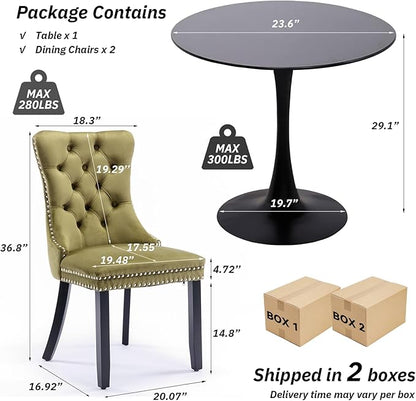SoarFlash Kitchen Table and Chairs for 2, 24" Dining Table Set for 2 with Velvet Upholstered Chairs, 3 Piece Round Kitchen Table Set, Dining Room Table Set for Small Space, Apartment