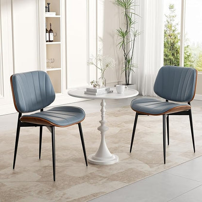 Dining Chairs Set of 8, Mid Century Modern Dining Room Chair, Upholstered Faux Leather Kitchen Chairs with Walnut Bentwood Back and Metal Legs for Kitchen Dining Room Living Room, Blue