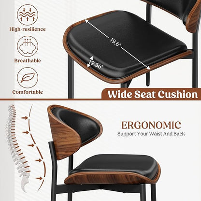 Dining Chairs Set of 8, Mid-Century Modern Upholstered PU Leather Chairs with Walnut Bentwood Back and Metal Legs Adjustable Feet for Kitchen Dining Room, Black PU
