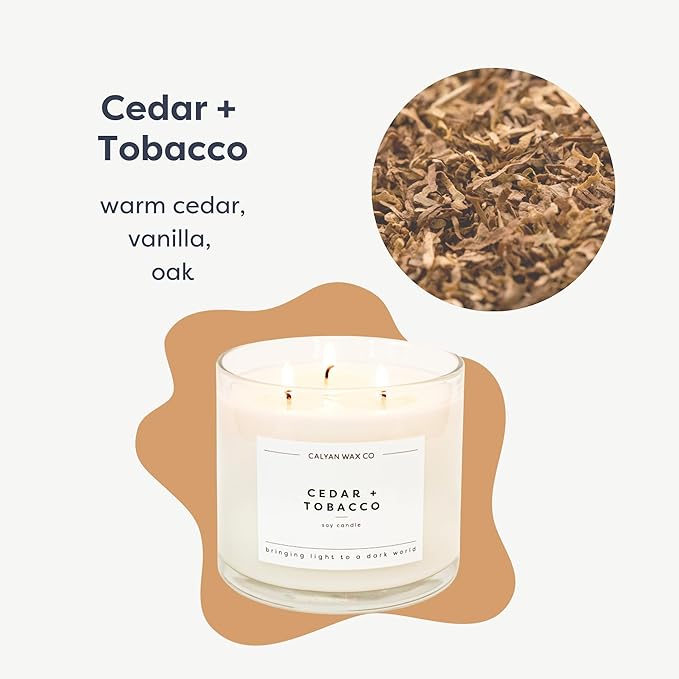 Calyan Wax Co. Cedar & Tobacco 3 Wick Scented Candle - 43 Hour Burn - Luxury 3 Wick Soy Candles - Non Toxic Soy Wax Candles - Long Lasting Large Glass Jar Candle for Home - 14.9oz