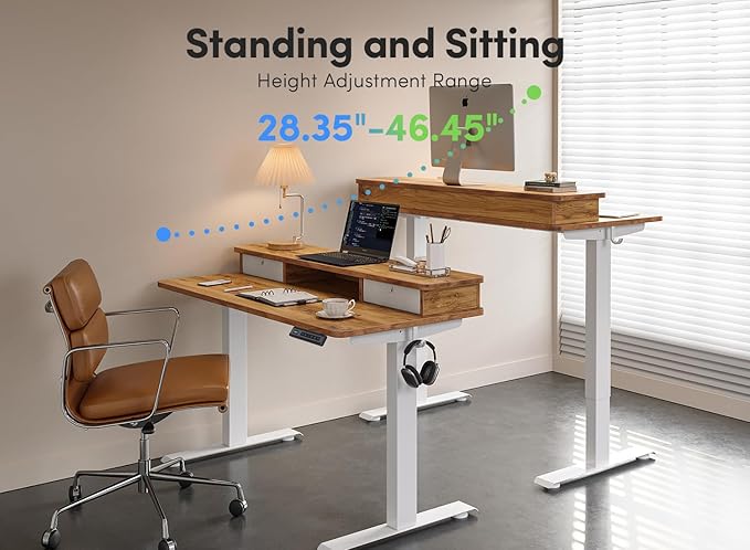 FEZIBO 48 x 24 Inch Height Adjustable Electric Standing Desk with Double Drawer, Computer Desk, Home Office Stand Up Table with 4 Height-Adjustable Feets & 2 Hooks, Light Rustic