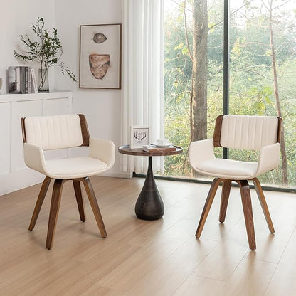 LUNLING Swivel Accent Faux Leather Dining Chairs, Mid Century Modern Chairs with Wooden Legs/Armrest/Upholstered Seat/Adjustable Foots for Kitchen Dining Room Desk Chairs,Beige,1PCS
