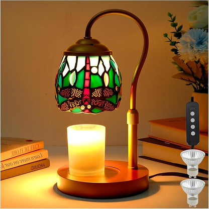 Tiffany Style Candle Warmer Lamp with Timer, Dimmable Dragonfly Stained Glass Candle Lamp Warmer, Vintage Candle Light for Scented Candles with 2 Bulbs for Home Deco Birthday Gifts for Mom Women