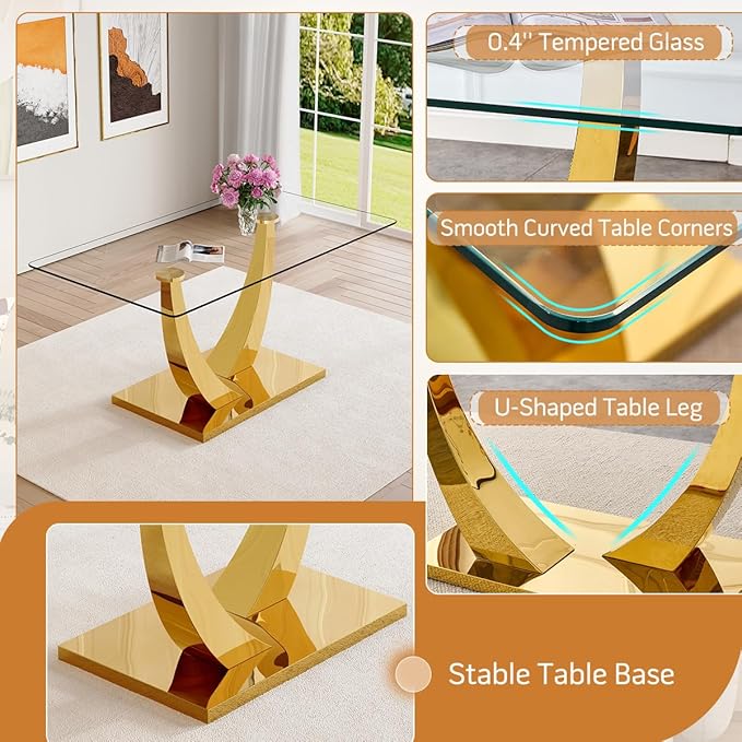 AZmac 63" Glass Dining Table Set for 6,Luxury Gold Dining Room Set with Stainless Steel Pedestal, Rectangular Tempered Glass Kitchen Table with PU Leather Chairs, for Kitchen Apartment