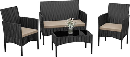 Kurapika Patio Furniture Set 4 Pieces Outdoor Wicker Rattan Chairs Conversation Sets w/Coffee Table, Rocking Bistro Set, for Patio Backyard Lawn (Sand)