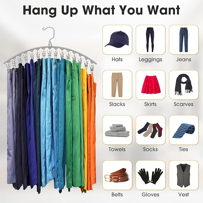 Upgrade Skirt Pants Hangers with Clips, Metal Pants Legging Organizer for Closet Holds 30 Leggings/Shorts/Jeans/Skirts Pant Hangers Space Saving Hanging Closet Organizers Shorts Hanger, Grey 2Pack