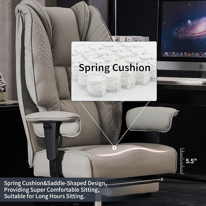 Big and Tall Office Chair 400lbs Wide Seat, Leather High Back Executive Office Chair with Foot Rest, Ergonomic Chairs Lumbar Support for Lower Back Pain Relief (Light Grey)