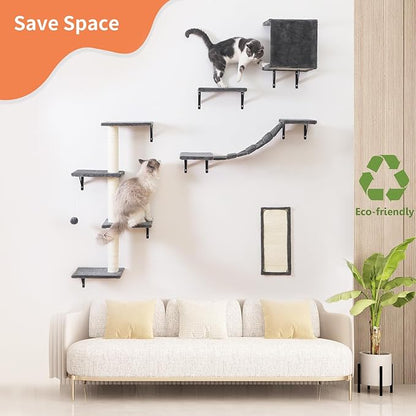 Modern Wall-Mounted Cat Furniture - 5pcs Cat Wall Shelves, Wooden Climber Includes House, Bridge, Tree, Steps, and Scratcher (Gray)