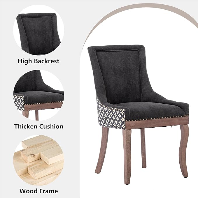 Farmhouse Dining Chairs Set of 6, Upholstered Fabric Dining Room Accent Chairs with Wood Legs & Bronze Nailhead, High Wingback Kitchen Chairs for Living Room Hotel Apartment, Black