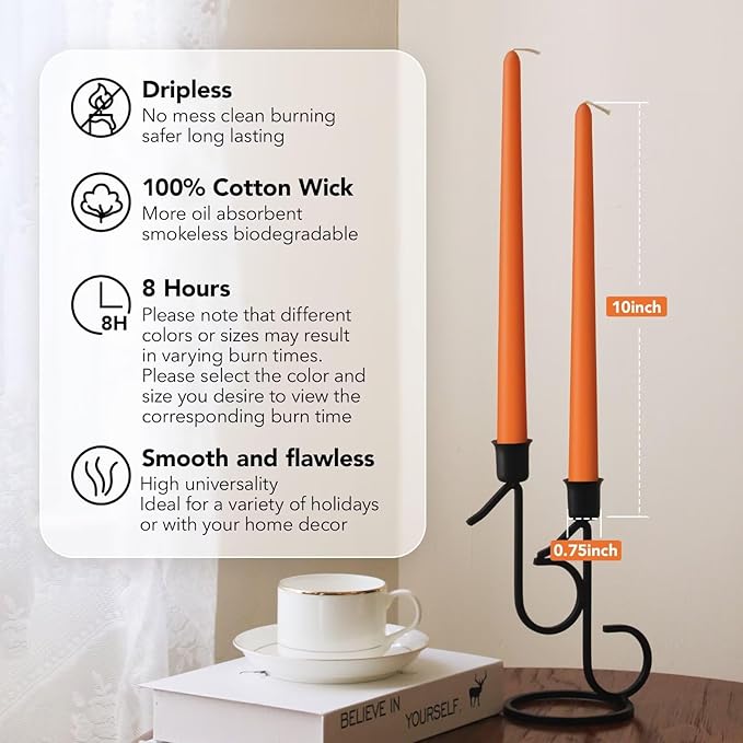 New Burning Formula Unscented Dripless 10-Inch Taper Candles Set of 12 - Orange, for Wedding, Dinner - Smokeless, Long Burning - Hand Poured, Colored Tall Candlesticks - Naranja