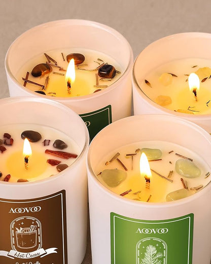 AOOVOO Christmas Candles Set for Women - 4 Pack Candles for Home Scented, Aromatherapy Candle with Crystals, 28 oz 200 Hour Long Lasting Candle, Winter Fragrance of Cedar, Fir, Hot Cocoa, Vanilla Cake