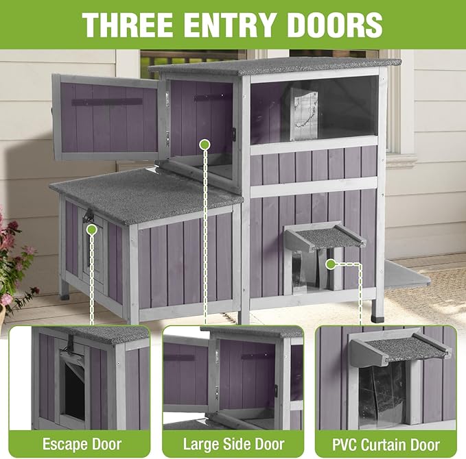 GUTINNEEN Large Insulated Cat House for Outside Indestructible Outdoor Cat House 2-Section Weatherproof Feral Cat Shelter with 3 Escape Doors for 1-5 Feral Barn Cats (Winter-Ready, 43.3"x29.4"x33.4")
