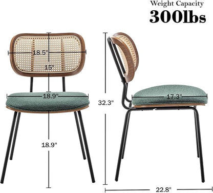 Rattan Dining Chairs Set of 4, Christmas Chair Mid Century Modern Dining Chairs with Cane Back for Kitchen Dining Room, 19 Inch Fabric Green