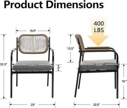 Outdoor Dining Chairs Set of 2, Wicker Patio Dining Chairs with Removable Cushions, Rectangle Patio Table Chair, All Weather Outdoor Chairs, Metal Lawn Chair for Adults/Indoor/Balcony, Gray