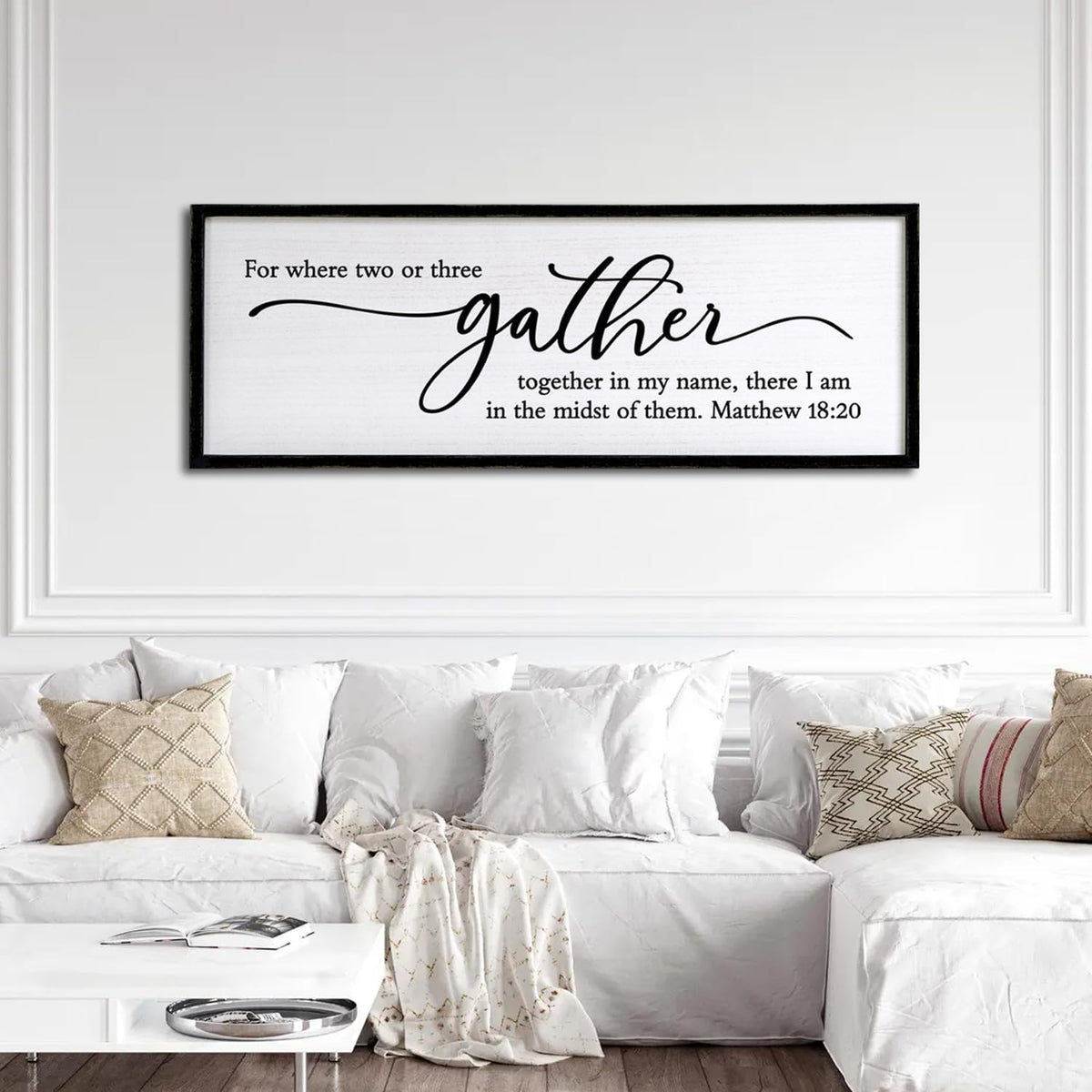 For Where Two or Three Gather in My Name, There I am in the Midst of Them Bible Verse Framed Wall Art, 40''×15'' Rustic Religious Christian Matthew 18:20 Sign, Inspirational Catholic Scripture Decor
