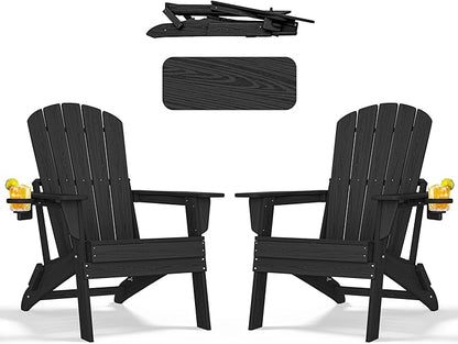 nevilywood Folding Adirondack Chair - Extended Ergonomic Backrest, Cup Holder - Easy Assembly - Durable HDPE Plastic, Weather Resistant & Maintenance-Free - Lawn, Patio, Deck Supports 380lbs Black