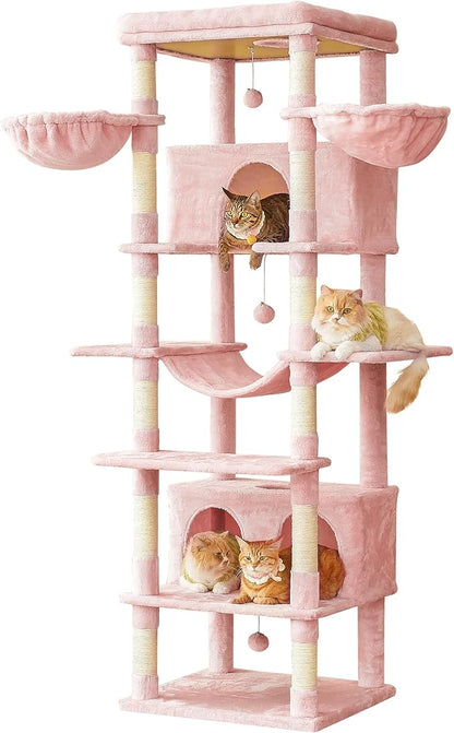 MWPO Pink Extra Large Cat Tree, 77.6-Inch Tall Cat Tower for Indoor Cats with 2 Condos, Multi-Level Cat Stand for Large Cats, 3 Hammocks, Wide Perch, Scratching Posts, Dangling Toys