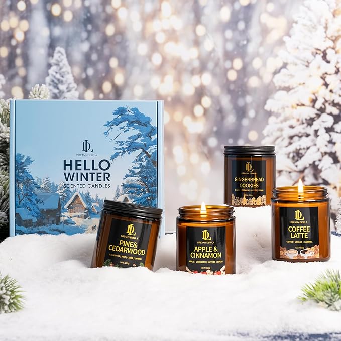 Winter Candle Set, Candles for Home Scented, 4 Pack Soy Candles for Holiday, Holiday Candle Gifts for Women Men, Winter Scents of Gingerbread Cookies/Apple & Cinnamon/Coffee Latte/Pine & Cedarwood