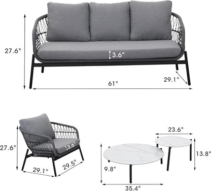 Wisteria Lane Boho Patio Furniture, 5 Piece Outdoor Furniture Set with Rope Woven Design, Rope Sofa Chair with Nesting Coffee Table for Garden, Balcony, Porch, Grey